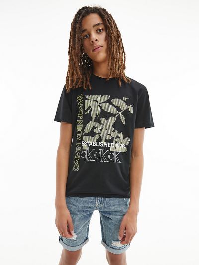 Calvin Klein Ruhák HU096007 | Calvin Klein Organic Cotton Leaf Print Fiu Póló Fekete